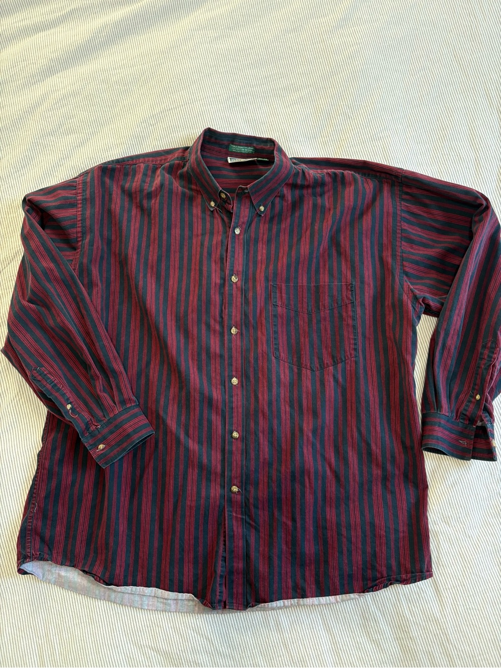 90s Vintage Men’s Button-Down Striped Shirt - Burgundy & Navy